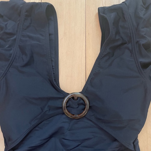 SHEIN | NWOT | Black Ruffled Shoulder Cut Out Once Piece Swim Suit - Picture 4 of 8